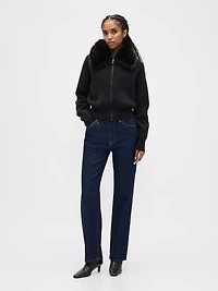 CashSoft Faux-Fur Collar Zip Cardigan Sweater