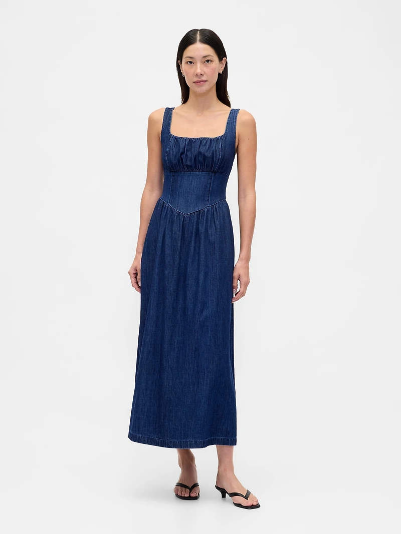 Denim Drop-Waist Corset Midi Dress