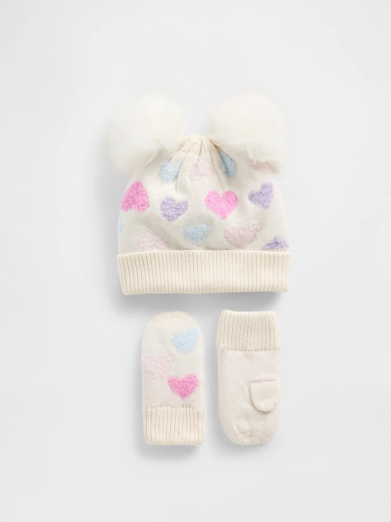 Baby & Toddler Heart Pom Beanie Mittens Set