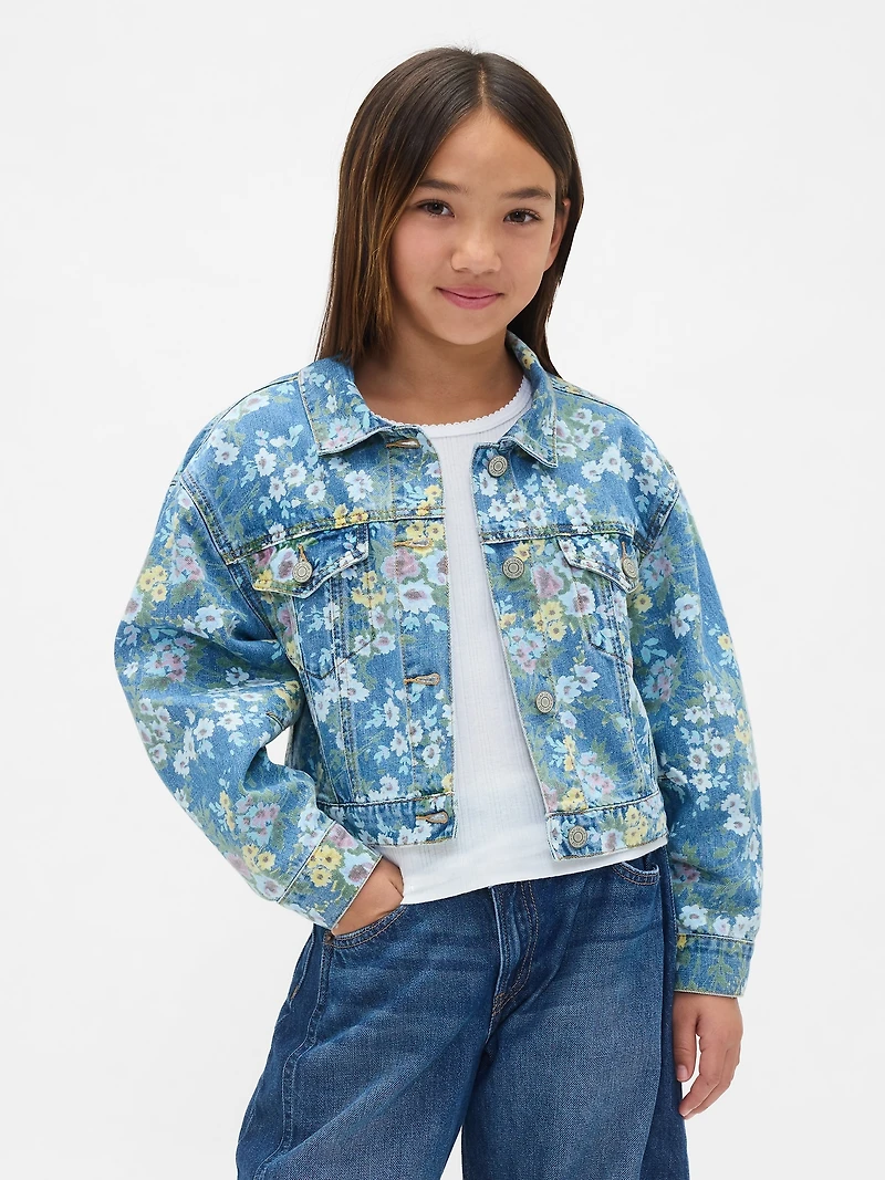Kids Balloon-Sleeve Floral Denim Jacket
