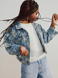 Kids Balloon-Sleeve Floral Denim Jacket