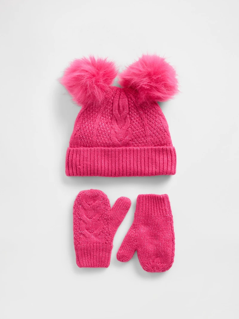 Baby & Toddler Cable-Knit Pom Beanie Mittens Set