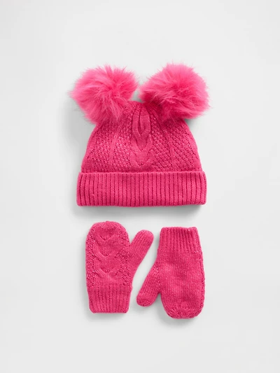 Baby & Toddler Cable-Knit Pom Beanie Mittens Set