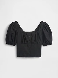 Linen-Blend Puff-Sleeve Crop Corset Top