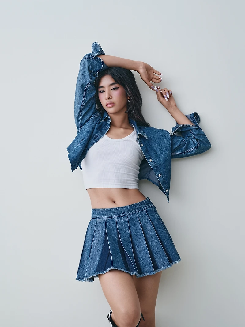 Pleated Denim Mini Skirt