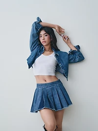 Pleated Denim Mini Skirt