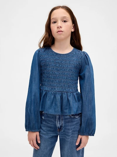 Kids Denim Smocked Peplum Top