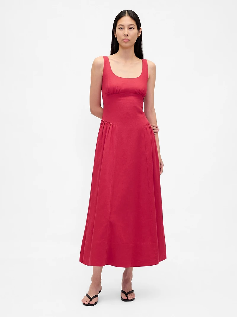 Linen-Blend Shirred Maxi Dress