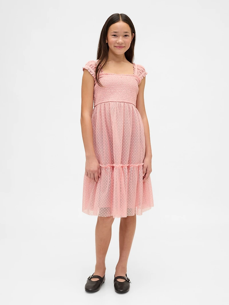 Kids Mesh Ruffle Cap-Sleeve Dress