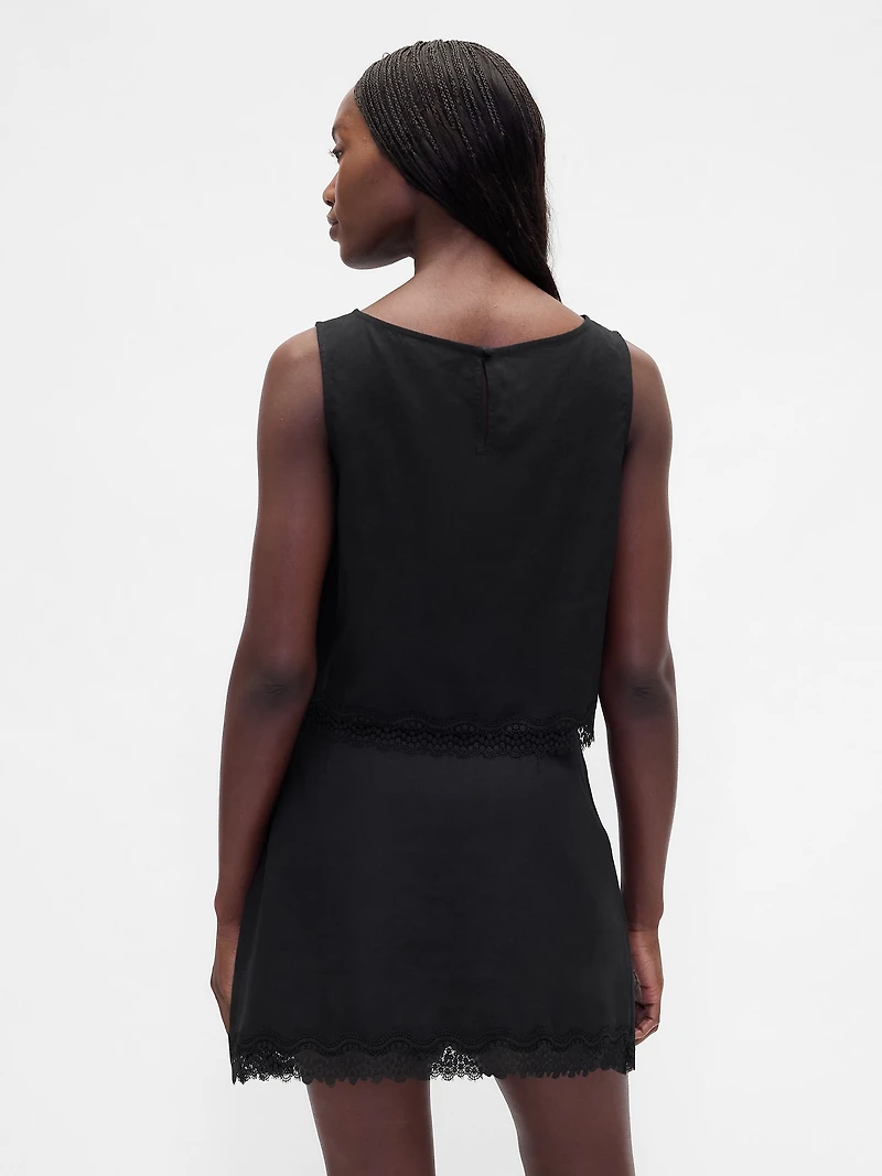 Linen-Blend Lace-Hem Crop Shell Top