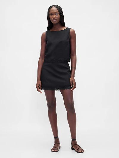 Linen-Blend Lace-Trim Mini Skort