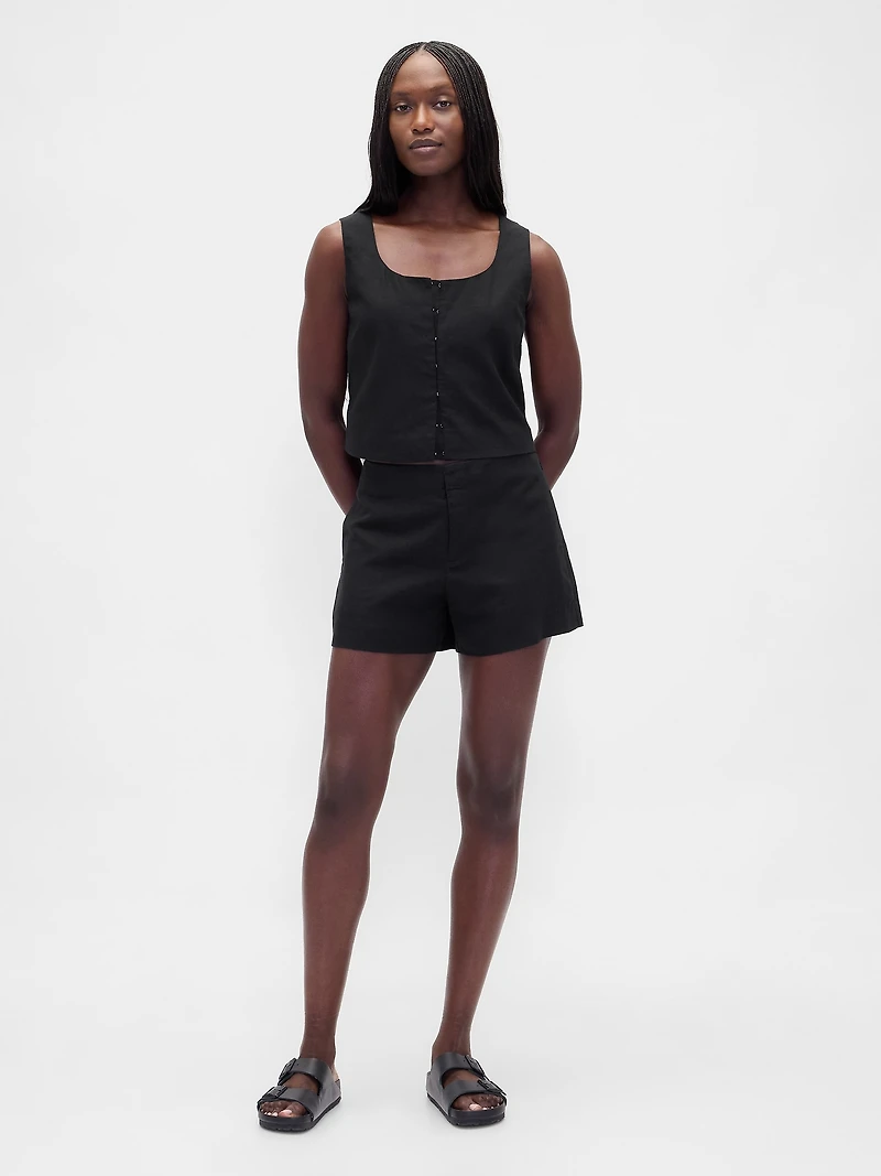 Linen-Blend Hook-Front Crop Shell Top