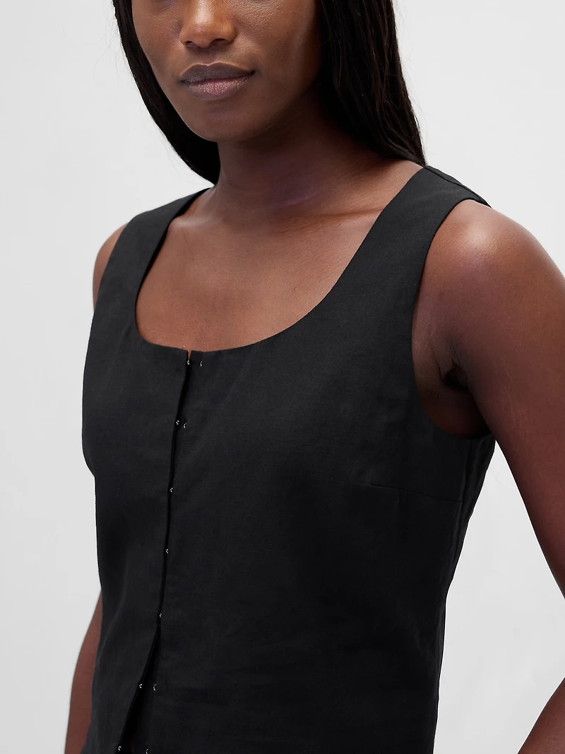 Linen-Blend Hook-Front Crop Shell Top
