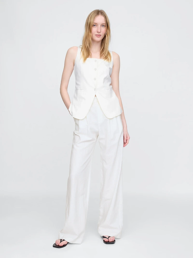 Linen-Blend Square-Neck Longline Vest