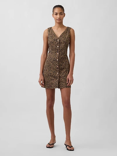 Leopard Denim V-Neck Mini Dress