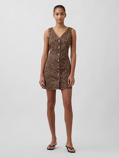 Leopard Denim V-Neck Mini Dress