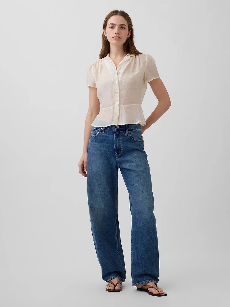 Sheer Button-Front Peplum Top