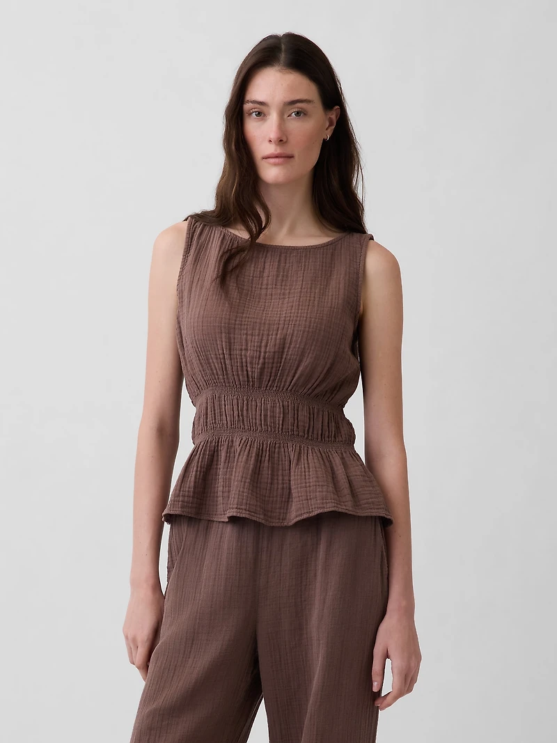 Cotton Gauze Smocked-Waist Peplum Top