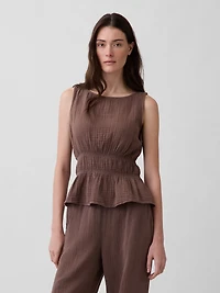 Cotton Gauze Smocked-Waist Peplum Top