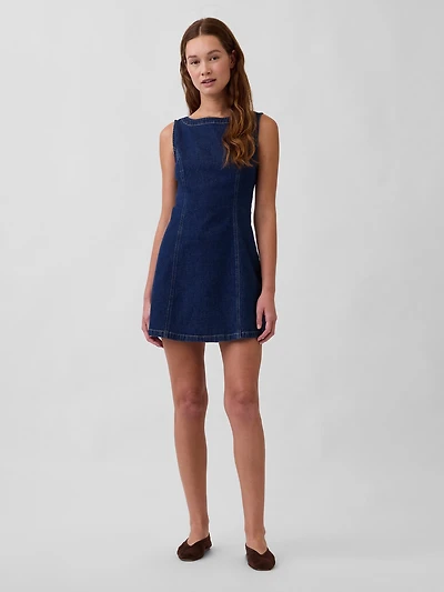 Denim Boatneck Open-Back Mini Dress