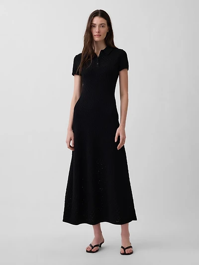 Pointelle Polo Maxi Sweater Dress