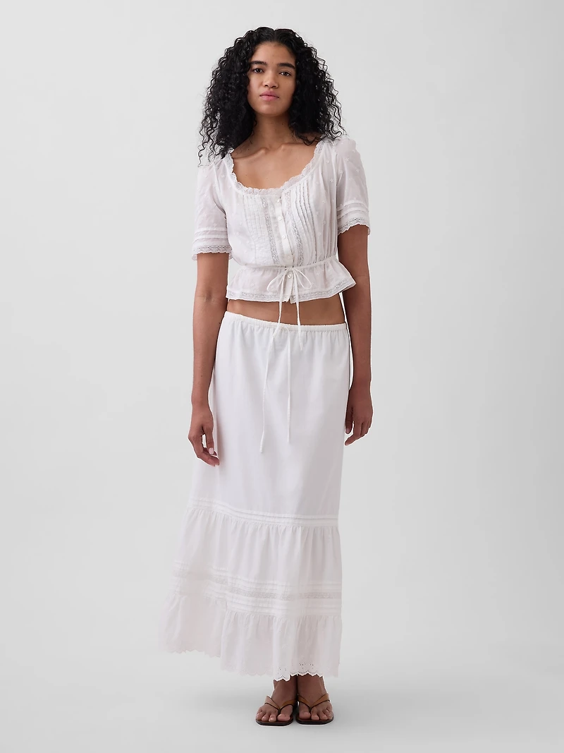High Rise Tiered Lace-Trim Maxi Skirt