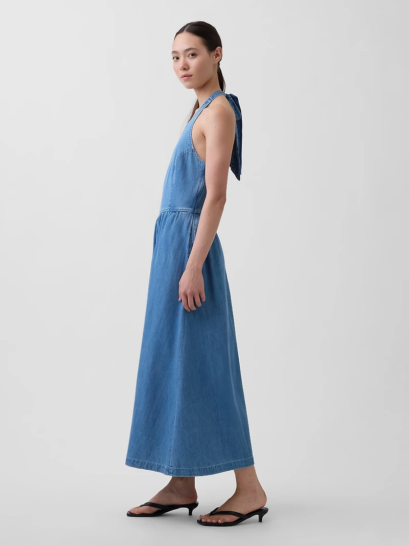 Denim Tie-Back Halter Maxi Dress