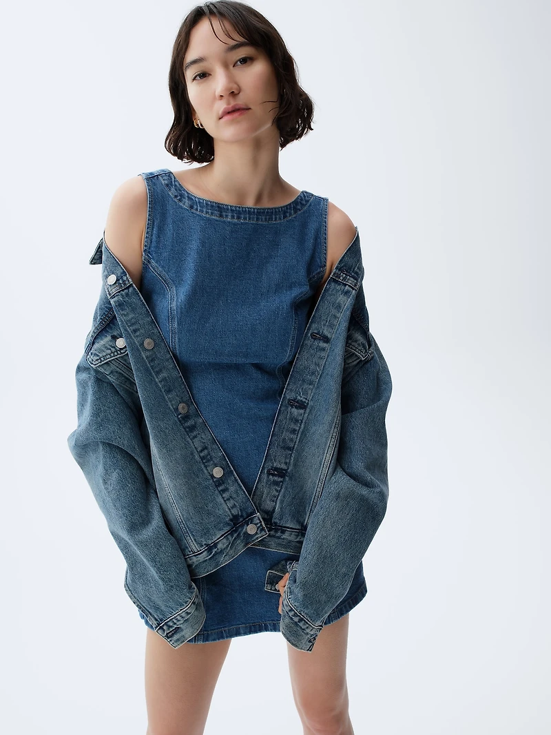 Denim Boatneck Open-Back Mini Dress