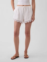 4" Mid Rise Linen-Blend Lace-Trim Shorts
