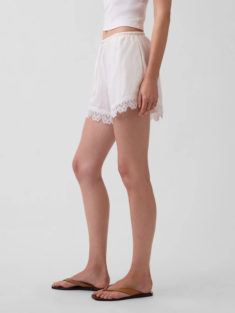 4" Mid Rise Linen-Blend Lace-Trim Shorts
