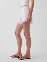 4" Mid Rise Linen-Blend Lace-Trim Shorts