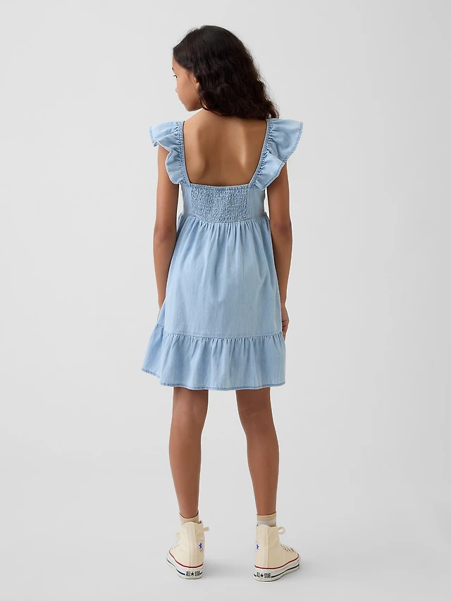 smocked flutter sleeve denim midi dress with washwell Gap Smocked Flutter Sleeve Blue Denim Midi Dress Womens S Washwell Peasant Boho