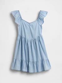 Denim Flutter-Sleeve Sweetheart Dress