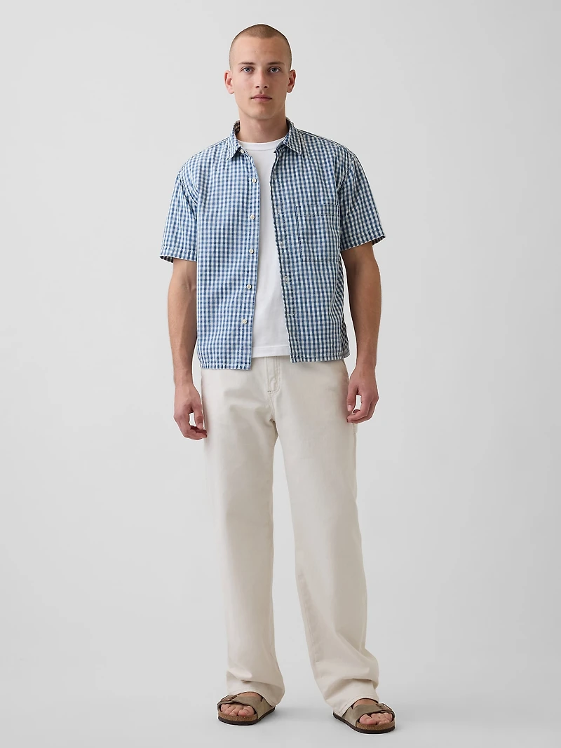 Gingham Denim Relaxed Straight-Hem Shirt