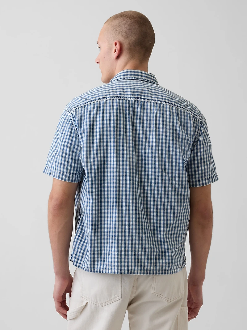 Gingham Denim Relaxed Straight-Hem Shirt