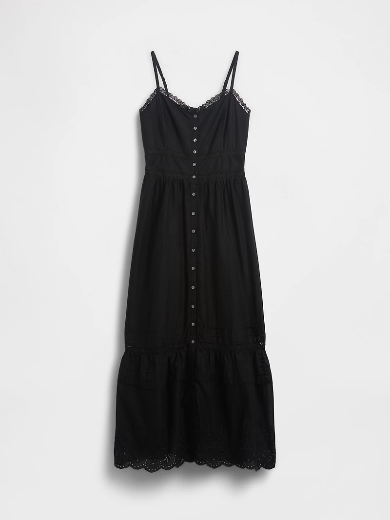 Lace-Trim Button-Front Maxi Dress