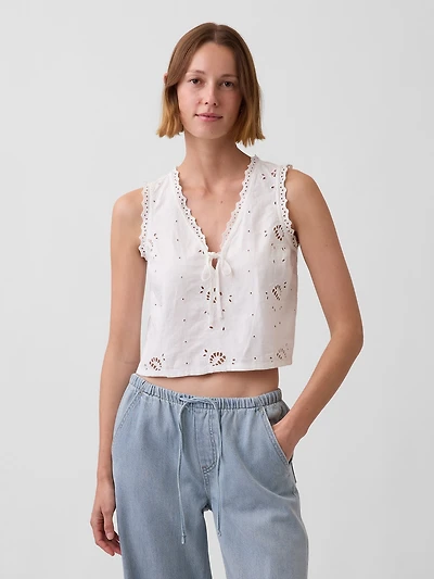 Linen-Blend Embroidered Crop Shell Tank Top