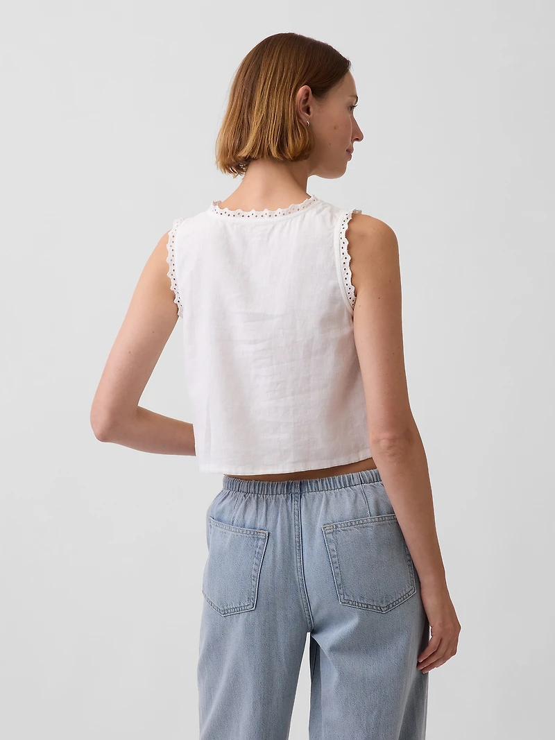 Linen-Blend Embroidered Crop Shell Tank Top