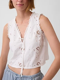 Linen-Blend Embroidered Crop Shell Tank Top