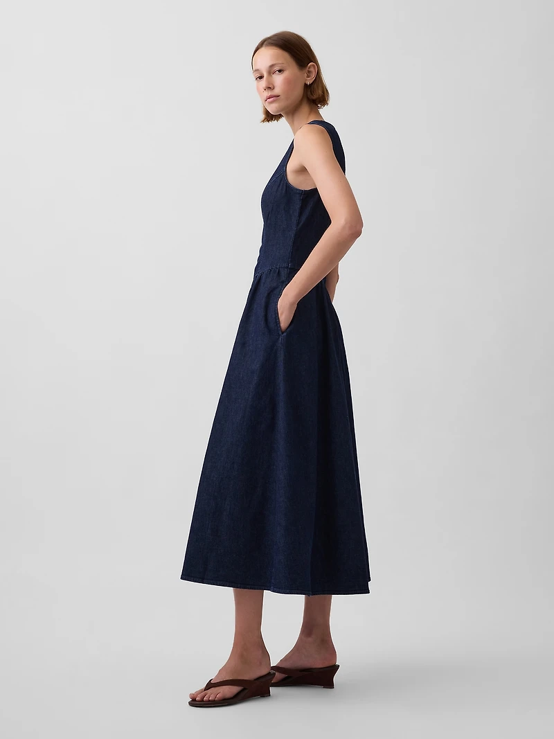 Denim Drop-Waist Midi Dress