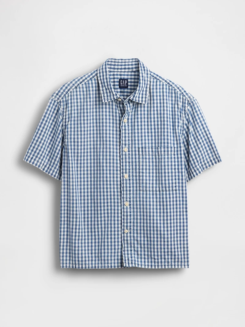 Gingham Denim Relaxed Straight-Hem Shirt