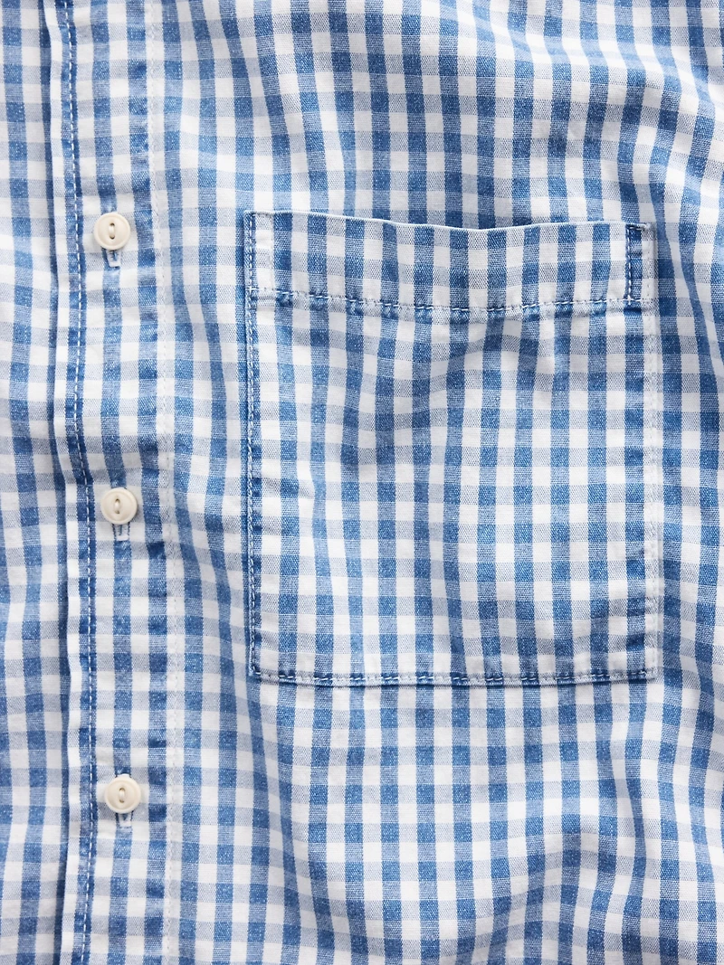 Gingham Denim Relaxed Straight-Hem Shirt