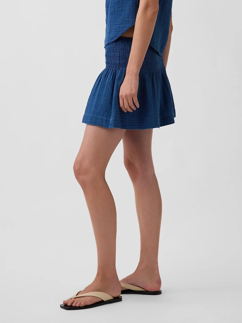 Cotton Gauze Denim Smocked Waist Mini Skort
