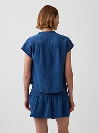 Cotton Gauze Denim Oversized Split-Neck Top