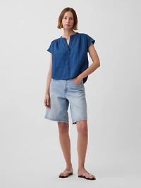 Cotton Gauze Denim Oversized Split-Neck Top