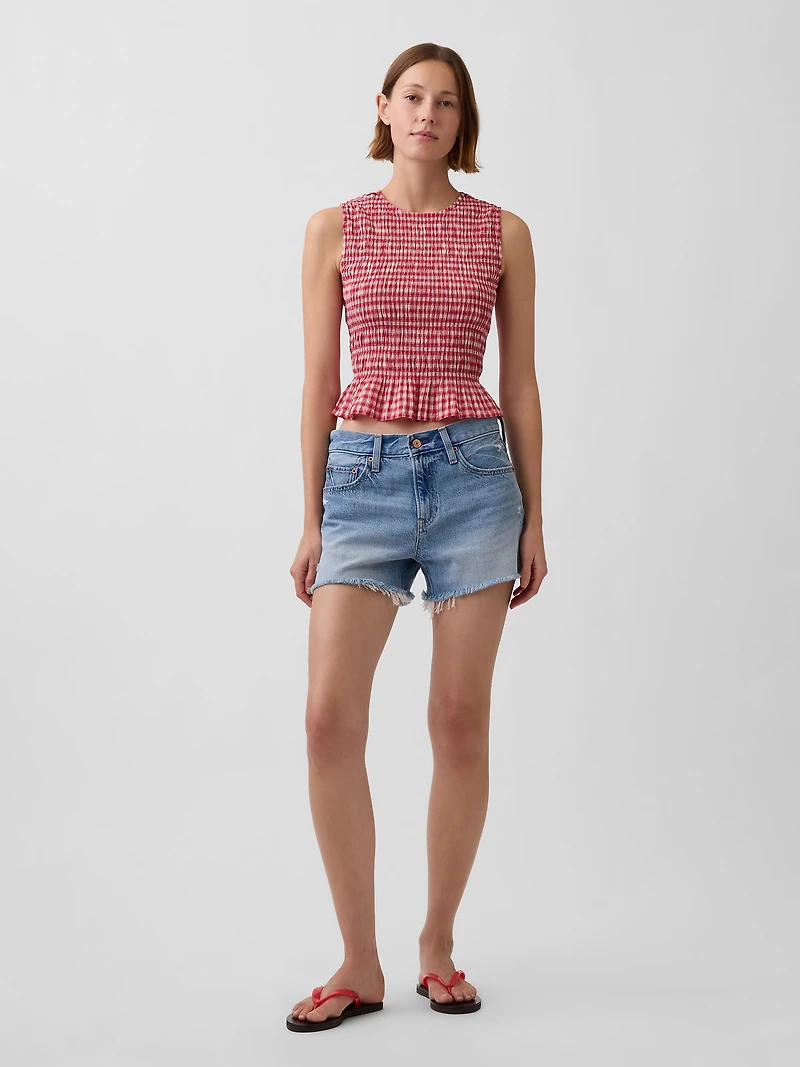 Smocked Gingham Crop Peplum Top