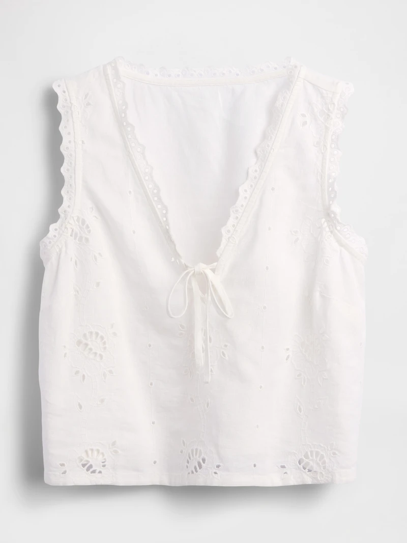 Linen-Blend Embroidered Crop Shell Tank Top