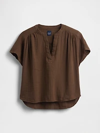 Cotton Gauze Oversized Split-Neck Top