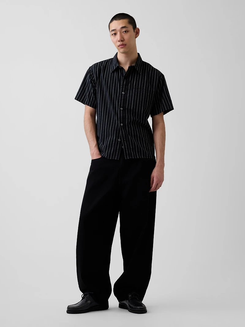 Seersucker Stripe Relaxed Curved-Hem Shirt