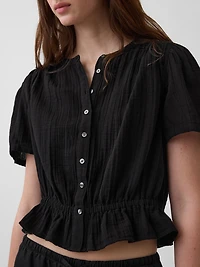 Cotton Gauze Button-Front Crop Peplum Top